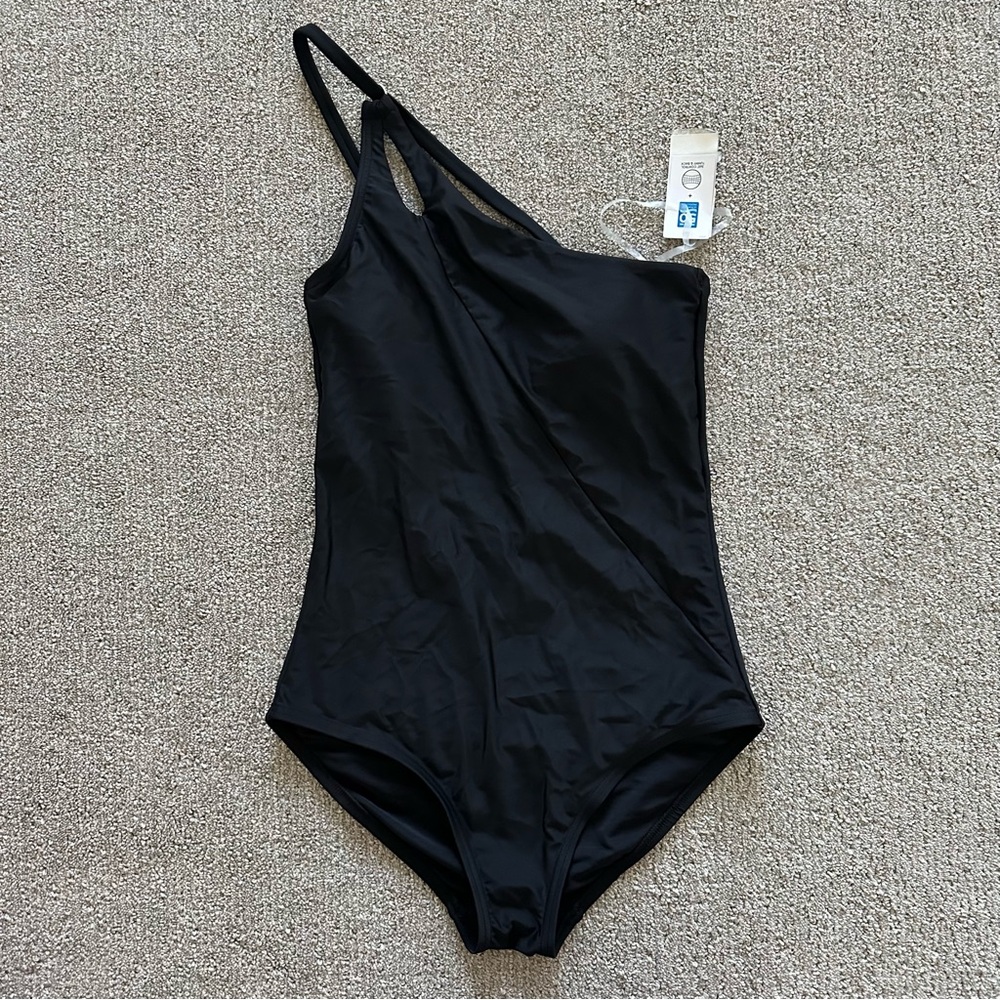 Lands’ End One Shoulder Black One-Piece‎ Swimsuit Adjustable Strap S NWT
